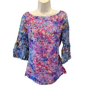 Badgley mishka sz 6 3D floral tunic top 1/2 sleeve tie-dye colorful retro EUC
